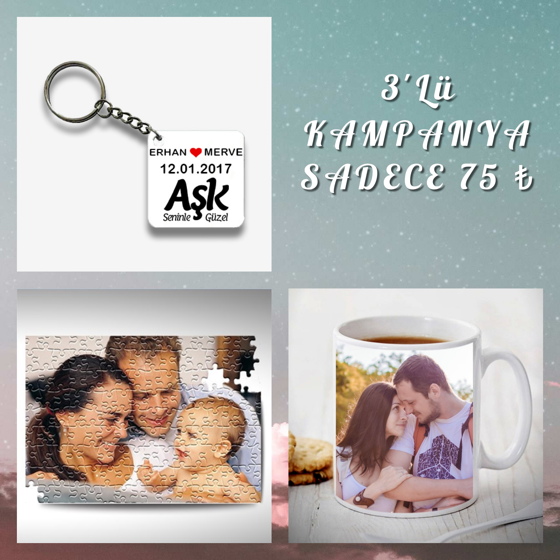 Anahtarlık+Puzzle +Kupa bardak 75₺